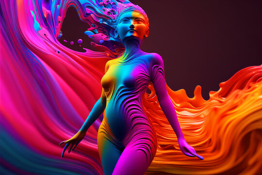 3D illustration of an abstract silhouette of a woman shining in rainbow colors, infinite turbulence, fluorescent red colours comforting and relaxing design.