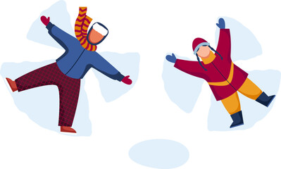 Winter child at snow like angel, girl or boy happy season vector isolated on white illustartion, angel happiness kid