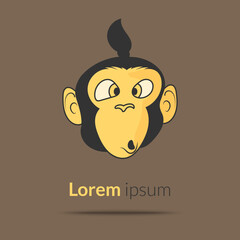 Logo head of a funny monkey chimpanzee on a dark orange background. Vector illustration