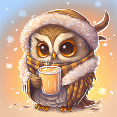 Cute tiny baby Owl holding cup of hot drink in winter wardrobe, winter time theme