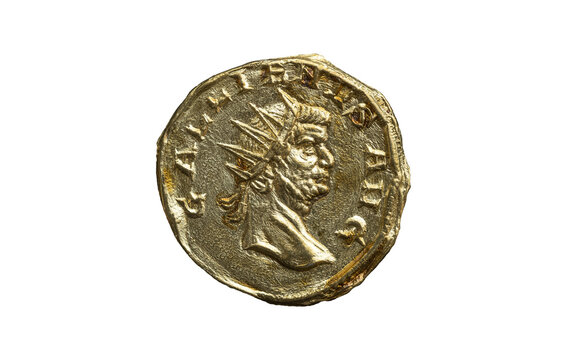 Roman gold aureus replica coin obverse of Roman Emperor Gallienus 253AD-268AD, png stock photo file cut out and isolated on a transparent background