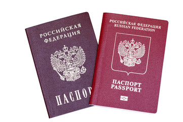 Russian passport domestic and international isolated on white background top view close-up