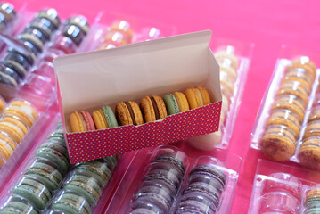 Multi-colored bright macarons. Close-up of macaroons.