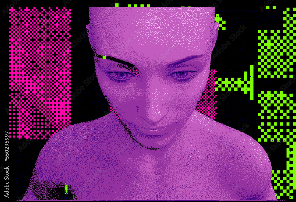 Poster 3d bald woman on a glitched and pixelated background. concept of an artificial intelligence and mach