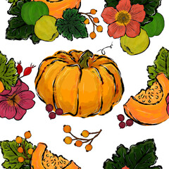 vector seamless pattern round orange pumpkin, green apples, berries, leaves, rose hips and pumpkin slice