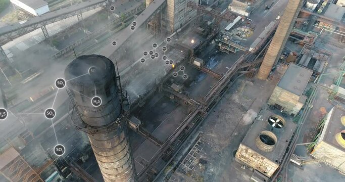 Emissions from the factory chimney. Flight around the factory chimney with smoke. Visualization of hazardous emissions from the plant's chimney. Environmental pollution concept