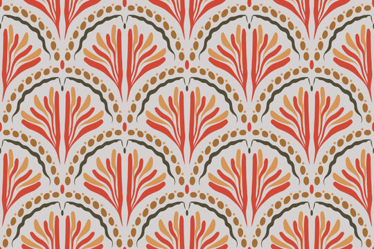 Seamless vector pattern of ethnic ogee palmette motif. Organic ethnic hand-drawn plant motif in repeat.