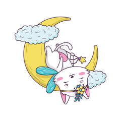 Cute cartoon cat fairy with magic wand sleeping on the moon in doodle style isolated on white background