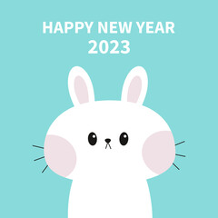 Happy Chinese New Year 2023. The year of the rabbit. Kawaii bunny head face. Cute cartoon funny baby kids character. Happy Easter. Farm animal. Blue background. Flat design.