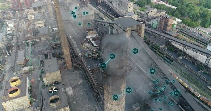 Emissions from the factory chimney. Flight around the factory chimney with smoke. Visualization of hazardous emissions from the plant's chimney. Environmental pollution concept
