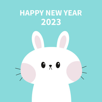 Happy Chinese New Year 2023. The year of the rabbit. Kawaii bunny head face. Cute cartoon funny baby kids character. Happy Easter. Farm animal. Blue background. Flat design.