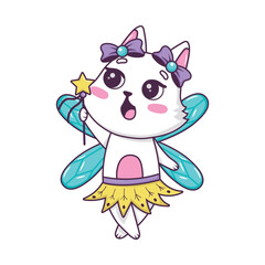Cute cartoon cat fairy with magic wand in ballerina tutu in doodle style isolated on white background