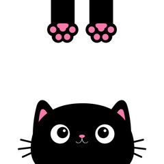 Cute cat face head looking up. Hanging body paw print. Black funny kitten. Kawaii animal. Cartoon pet. Baby card. Sticker print. Notebook cover. Flat design. White background.