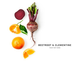 Fresh clementine and beetroot isolated on white background