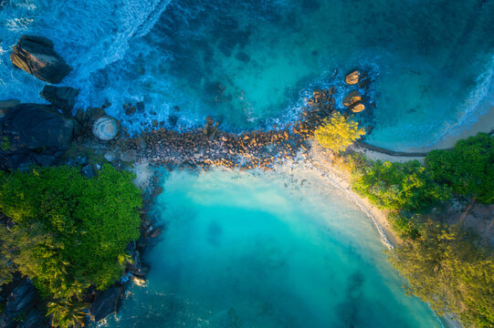 Drone View over beautiful coast section on Seychelles Island Coast.