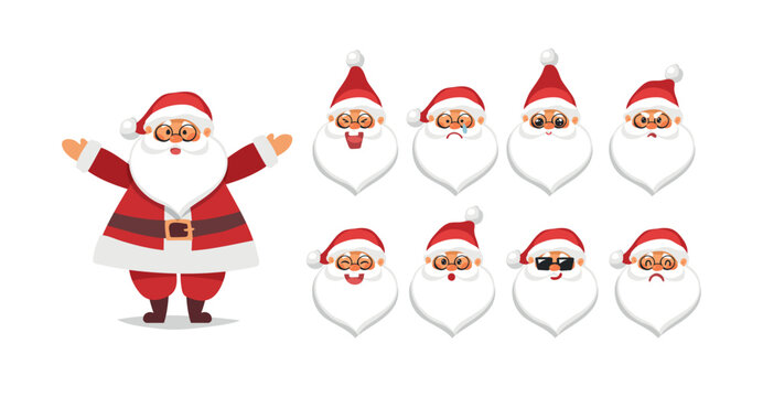 Emoji set of Santa Claus head with different emotions, angry, surprised, happy, cute. Vector christmas set for design isolated on white background.
