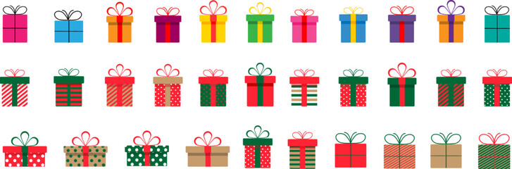 Set of colorful gift boxes with ribbons and bows.A pile of gift boxes. Presents in colorful wrapping with ribbons.Gift boxes stack in flat style.Christmas gift boxes.Christmas presents.