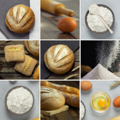 Food collage bread. Baking, flour, egg and ciabatta buns. Square composition. 