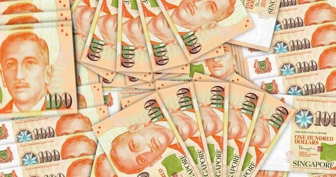 Singapore Dollar banknotes in a cash fan mosaic pattern loop. 100 SGD notes. Abstract concept of bank, finance, economy seamless and looped decorative design background.