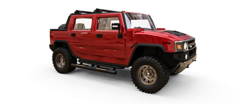 recommend clip art: Paris, France. February 3, 2022. Hummer H2 Pickup. 
                     Large red off-road pickup truck for countryside or expeditions on white isolated background. 3d illustration.