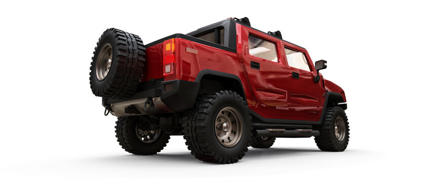 recommend clip art: Paris, France. February 3, 2022. Hummer H2 Pickup. 
                     Large red off-road pickup truck for countryside or expeditions on white isolated background. 3d illustration.