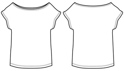 women's short sleeve boat neck wide t shirt top flat sketch vector illustration front and back technical cad drawing template
