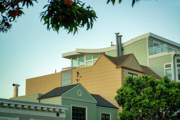 Row of colorful and decorative house roofs in a row in the historic districts of san francisco california downtown neighborhoods