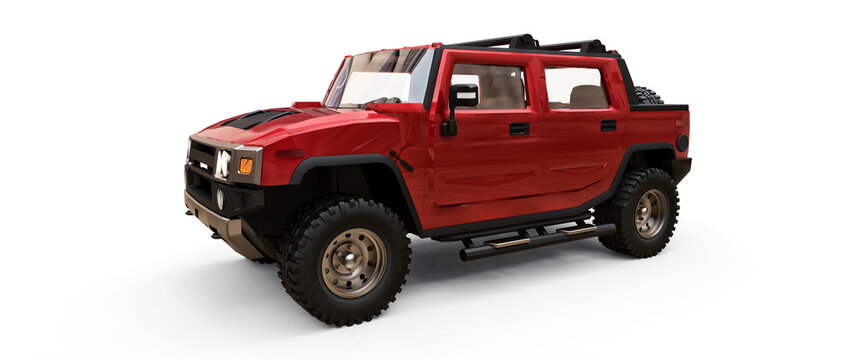 recommend clip art: Paris, France. February 3, 2022. Hummer H2 Pickup. 
                     Large red off-road pickup truck for countryside or expeditions on white isolated background. 3d illustration.