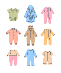 Baby sleepwear cloth color fill line icons. Simple linear pictograms of kid clothing. Pajamas, rompers, bodysuits and bathrobe. Children wardrobe. Outfit for newborn child, toddler, little boy or girl