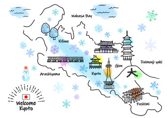 Fototapeta premium 冬の京都の観光地のシンプル線画イラストマップ