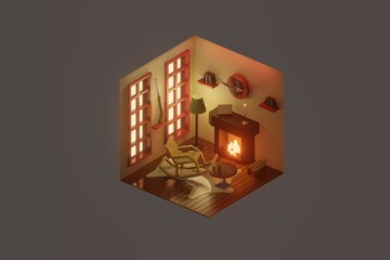 Isometric room with fireplace in low-poly style 3d render.