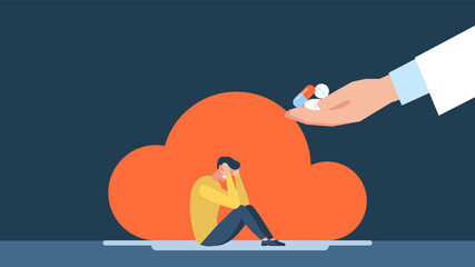 Hand giving pills to sad man who holds his head with hands. Antidepressant saving tiny person from depression. Help in treatment. Medicines. Pills. Medicine, stress concept. Flat illustration.