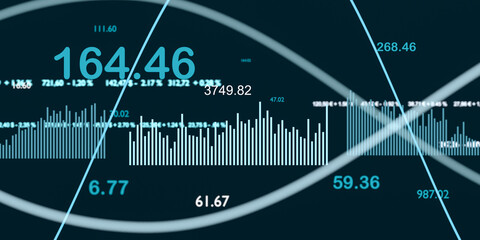 Device screen shows lines, bar graph, moving averages, charts and numbers. Combination of stock exchange data, charts and financial figures. Business, trading and investment. 3D illustration