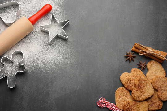 Christmas cinnamon cookies and kitchenware. Flat lay, copy space
