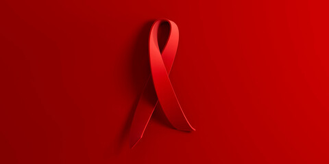 3d rendering illustration Aids hiv Awareness, World Day concept with red ribbon heart shape, copy space text. Clean minimalistic red banner background