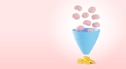 Brains fall into the sales funnel as a symbol of smart workers with ideas that bring coins as a symbol of profit. Copy space for text. 3d render