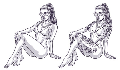 Hot bikini girl monochrome sketch