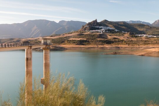 Beautiful view of Zahara de la Sierra from a distance, Spain