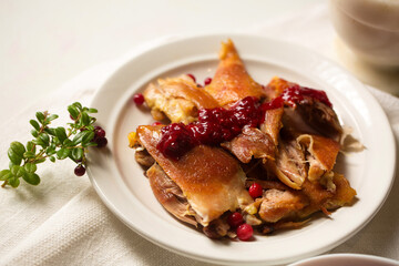 Fried meat and lingonberry sauce on a plate