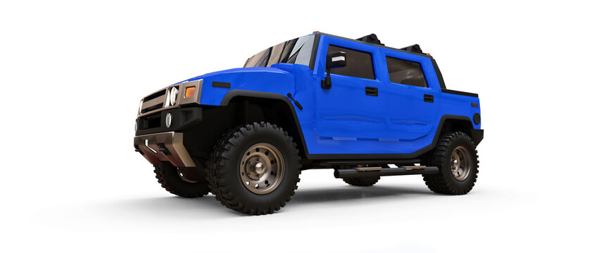 Paris, France. February 3, 2022. Hummer H2 Pickup. Large blue off-road pickup truck for countryside or expeditions on white isolated background. 3d illustration.