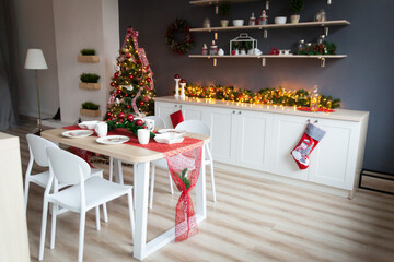 Stylish kitchen decorated for New Year holidays