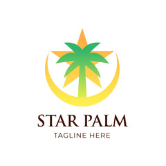 Combination of Palm tree, Moon, and Star Logo, Vector Logo Template