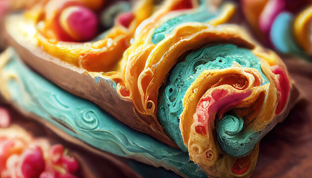 Colorful cake batter swirls as abstract background texture
