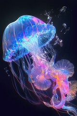 jellyfish illustration, neon, bioluminescence, anime style