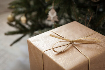 Christmas gift box wrapped in kraft paper under fir tree branches