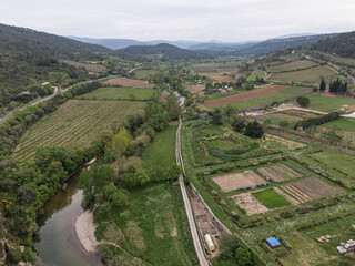 Naklejka premium Aerial view of Lagrasse medieval city, Aude, Occitanie. the city is built along the river Orbieu