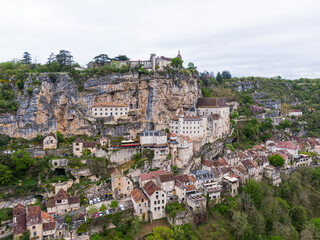 Naklejka premium Aerial view of Beautiful village Rocamadour in Lot department, southwest France. Its Sanctuary of the Blessed Virgin Mary, has for centuries attracted pilgrims.
