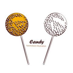 A set of candy on a stick. Sweet dessert for kids. Candy on a stick. Chocolate and yellow spiral ball. Background with dessert, sweets, menu design, restaurant, shop for textiles, interior, wallpaper
