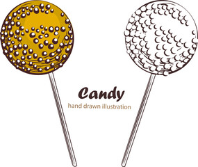 A set of candy on a stick. Sweet dessert for kids. Candy on a stick. Chocolate and yellow spiral ball. Background with dessert, sweets, menu design, restaurant, shop for textiles, interior, wallpaper
