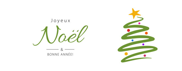 French text Joyeux Noël et Bonne Année. Merry Christmas. Card template. Vector illustration